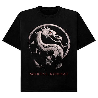 Black t-shirt with Mortal Kombat logo featuring a snake on a white background