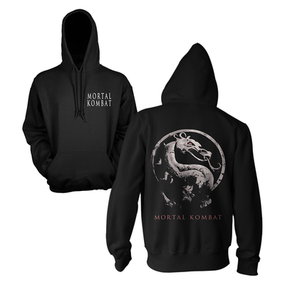 Black hoodie with 'Mortal Kombat' logo on front and dragon design on back