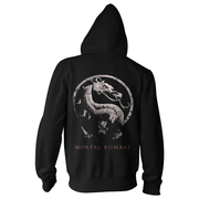 Black hoodie with Mortal Kombat logo on the back against a white background