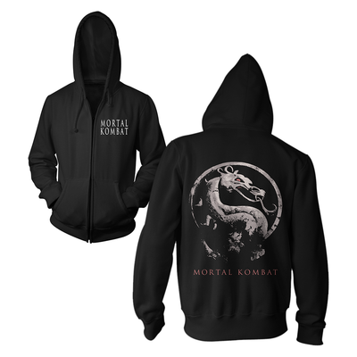 Black hoodie with 'Mortal Kombat' logo on front and dragon design on back, on a white background
