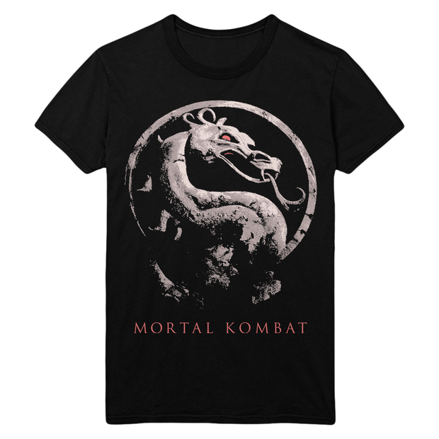 Black t-shirt with Mortal Kombat dragon logo on a white background