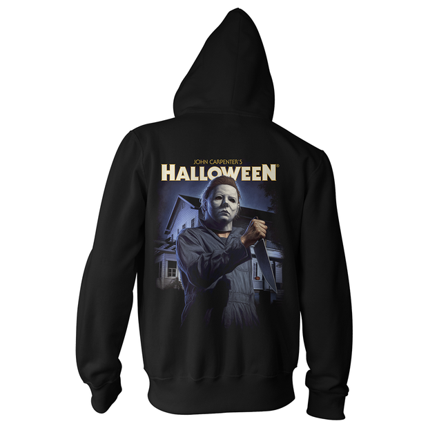 Black hoodie with Michael Myers from Halloween design on the back
