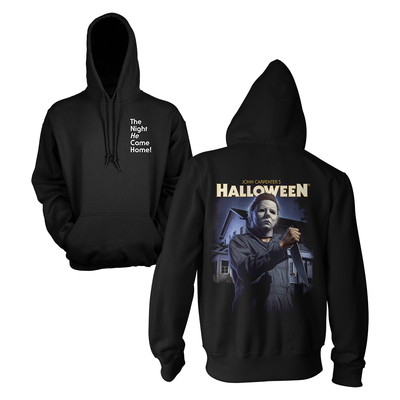 Black hoodie with Michael Myers from Halloween design on the back