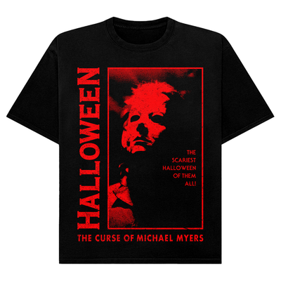 Black t-shirt with red graphic design featuring Michael Myers