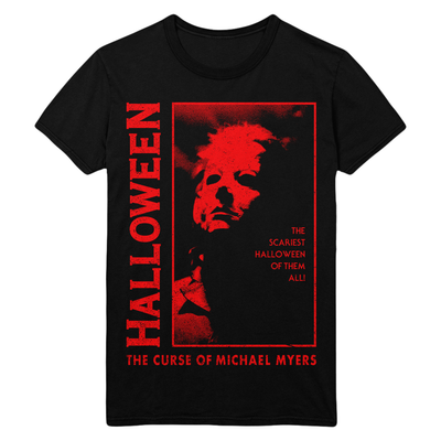 Black Halloween: The Curse of Michael Myers t-shirt with red graphic of Michael MYERS