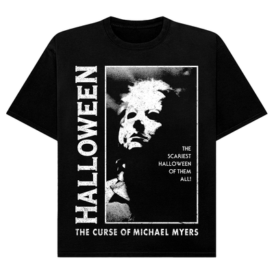 Black t-shirt with 'Halloween: The Curse of Michael Myers' graphic design.