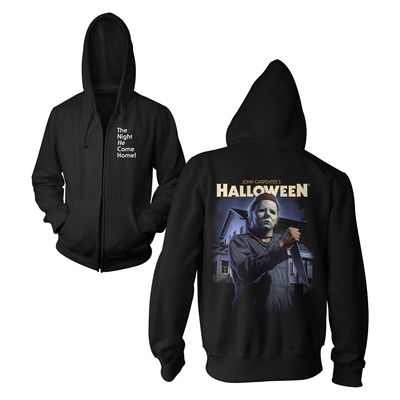 Black hoodie with 'Halloween' movie design on the back, featuring Michael Myers holding a knife.