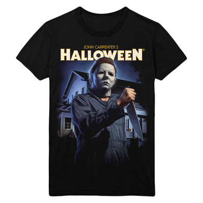 Black t-shirt with 'Halloween' movie graphic featuring Michael Myers holding a knife.