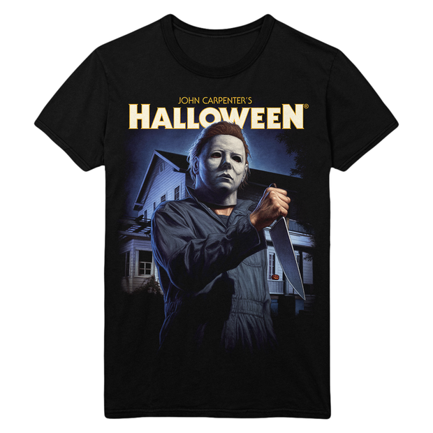 Black t-shirt with 'Halloween' movie graphic featuring Michael Myers holding a knife.
