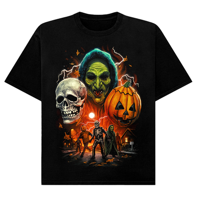 Black t-shirt with Halloween-themed design featuring Don Post Studios Halloween Trio Masks from Halloween III: Season of the Witch