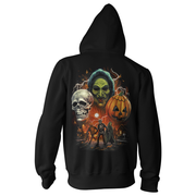 Black hoodie with Halloween-themed design featuring Don Post Studios Halloween Trio Masks from Halloween III: Season of the Witch