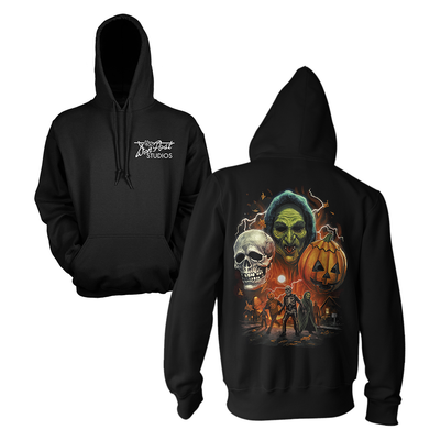 Black hoodie with Halloween-themed design featuring Don Post Studios Halloween Trio Masks from Halloween III: Season of the Witch