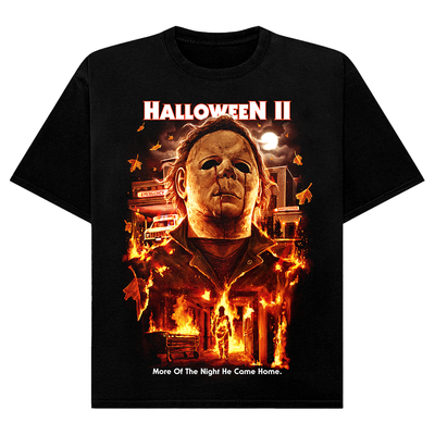 Black t-shirt with 'Halloween II' movie poster design featuring Michael Myers