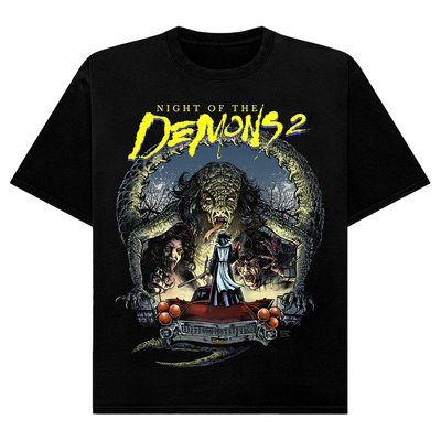 Black t-shirt with 'Night of the Demons 2' graphic design featuring a creature and people.