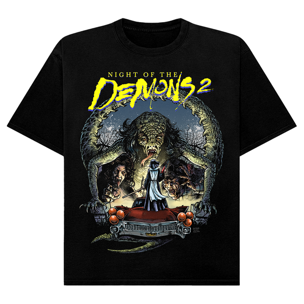 Black t-shirt with 'Night of the Demons 2' graphic design featuring a creature and people.