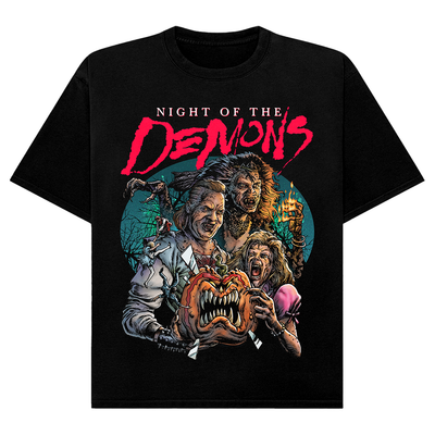 Black t-shirt with 'Night of the Demons' graphic design featuring horror movie characters and a pumpkin.