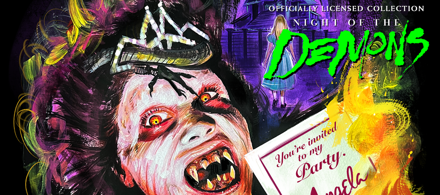 Glowing poster with a demon face and 'Night of the Demons' text, featuring a colorful and eerie design.