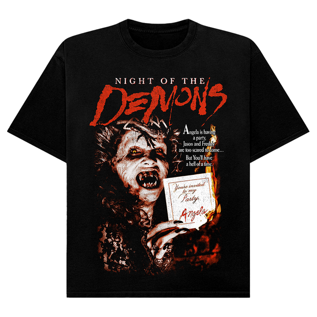 Black t-shirt with 'Night of the Demons' graphic design.