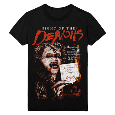 Black t-shirt with 'Night of the Demons' movie poster design.