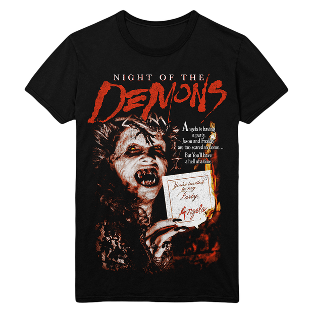 Black t-shirt with 'Night of the Demons' movie poster design.