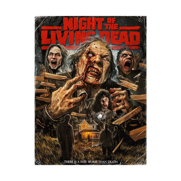 Movie poster for 'Night of the Living Dead' with zombies and a house in the background.