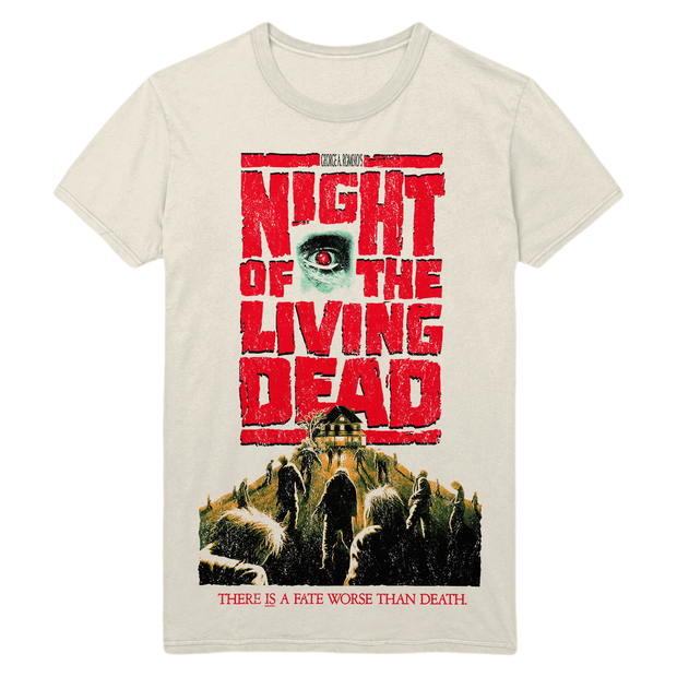 T-shirt with 'Night of the Living Dead' graphic design on a white background