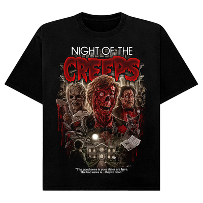 Black t-shirt with 'Night of the Creeps' graphic design featuring horror characters and text.