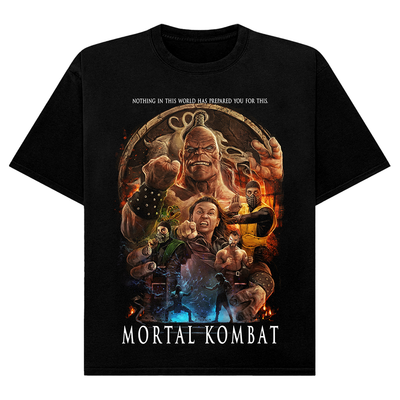Black t-shirt with 'Mortal Kombat' graphic design featuring characters and text.