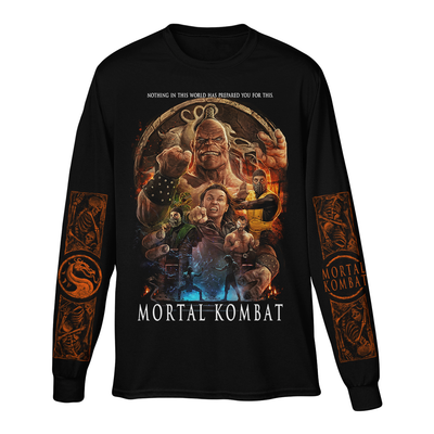 Black long-sleeve shirt with 'Mortal Kombat' graphic design featuring characters 
