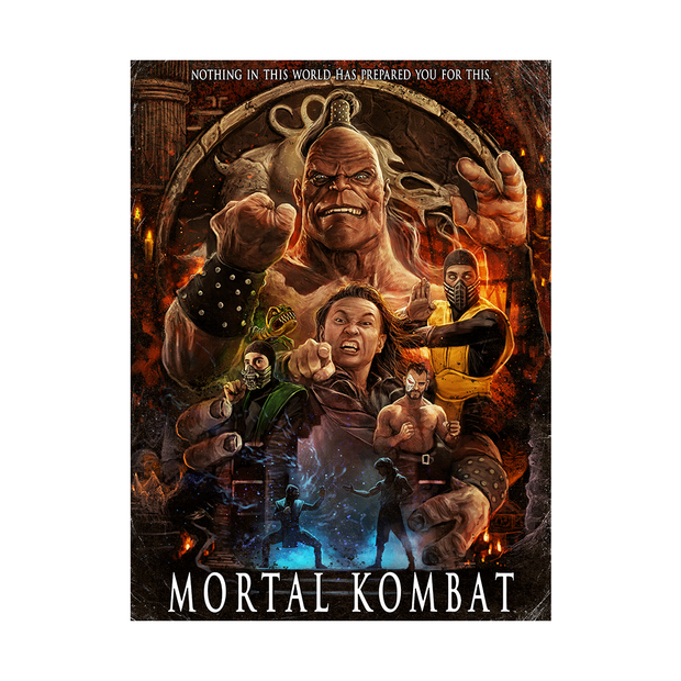 Promotional poster for 'Mortal Kombat' featuring characters in a dramatic pose with fiery background.