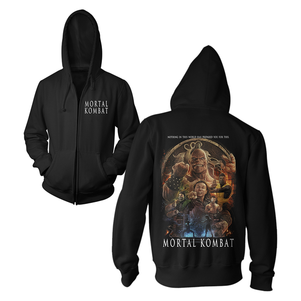 Black hoodie with 'Mortal Kombat' design on front and back