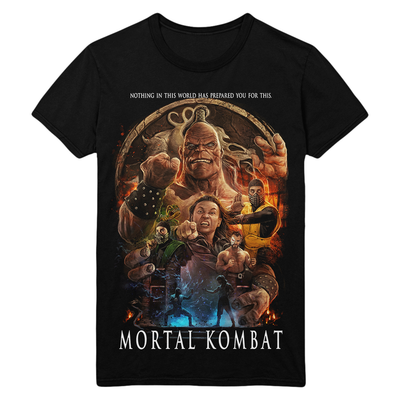 Black t-shirt with 'Mortal Kombat' graphic design featuring characters text.