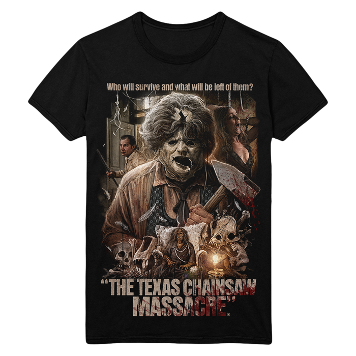 A black short-sleeve graphic t-shirt featuring a detailed horror illustration of Leatherface from 'The Texas Chainsaw Massacre' with the title text at the bottom, shown against a plain white background.