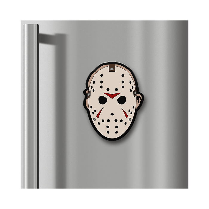 A horror-themed Jason Voorhees hockey mask magnet on a stainless steel refrigerator door, shown against a white background.
