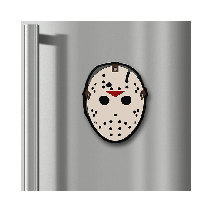 A horror-themed Jason Voorhees hockey mask magnet on a stainless steel refrigerator door, shown against a white background.