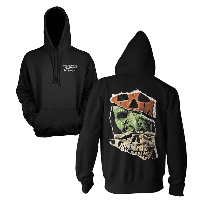 Black pullover hoodie shown from the front and back on a white background. The front has a small white 'Kryptek Weapons' logo on the left chest, and the back features a large graphic of a green skull wearing an orange helmet over a torn-paper style illustration.