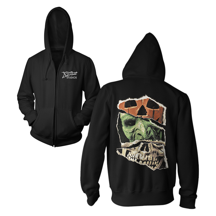 A black zip-up hoodie shown from both front and back. The front has a small white script logo on the left chest, and the back features a large graphic of a green skull wearing an orange bandana over a torn-paper style skull design.