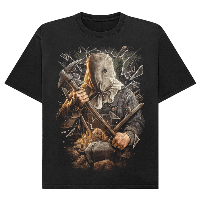 Black t-shirt with a graphic design of Jason Voorhees from Friday the 13th Part 2 holding a pickaxe and a broken window.
