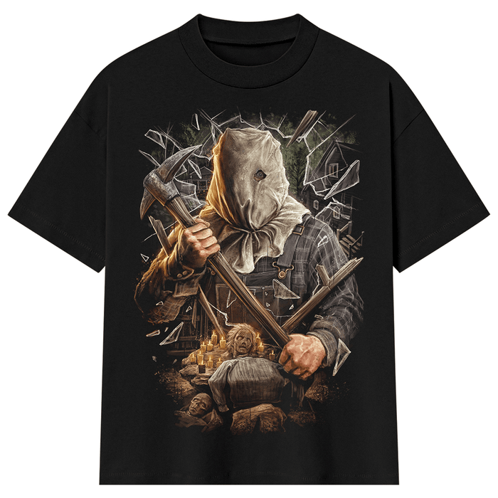 Black t-shirt with a graphic design of Jason Voorhees from Friday the 13th Part 2 holding a pickaxe on a white background