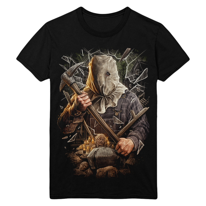 Black t-shirt with a graphic design of a Jason Voorhees from Friday the 13th Part 2 holding a pickaxe on a white background