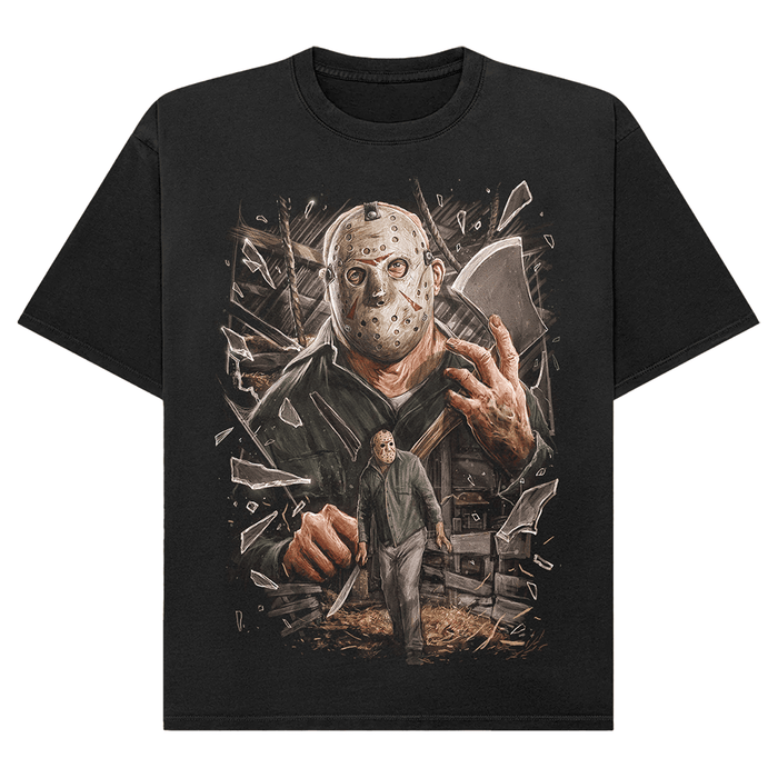 Black t-shirt with a graphic design of Jason Voorhees from Friday the 13th holding an axe, set against a white background.