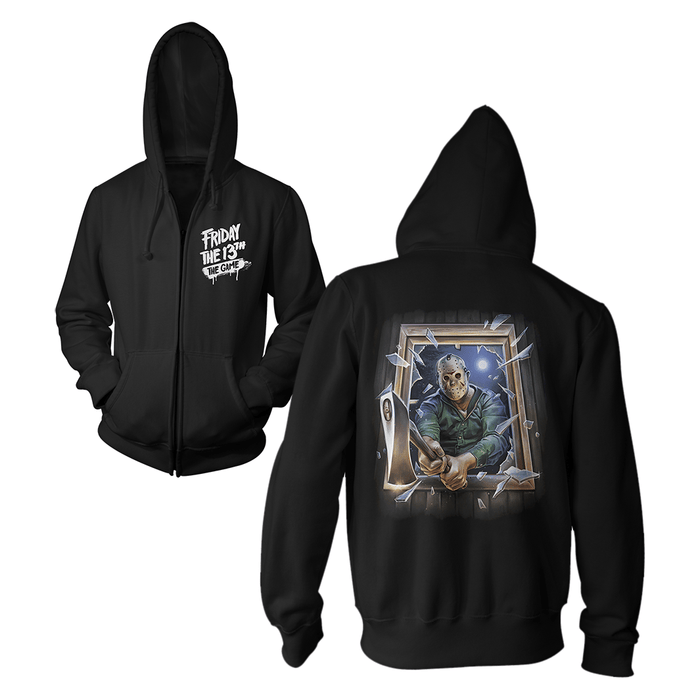 Black hoodie with 'Friday the 13th' logo on front and back design