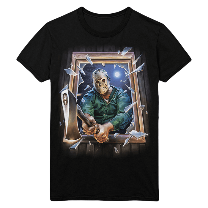 A black short-sleeve crewneck t-shirt featuring a large graphic print of Jason Voorhees wearing his hockey mask and holding an axe, breaking through a window with shattered glass.