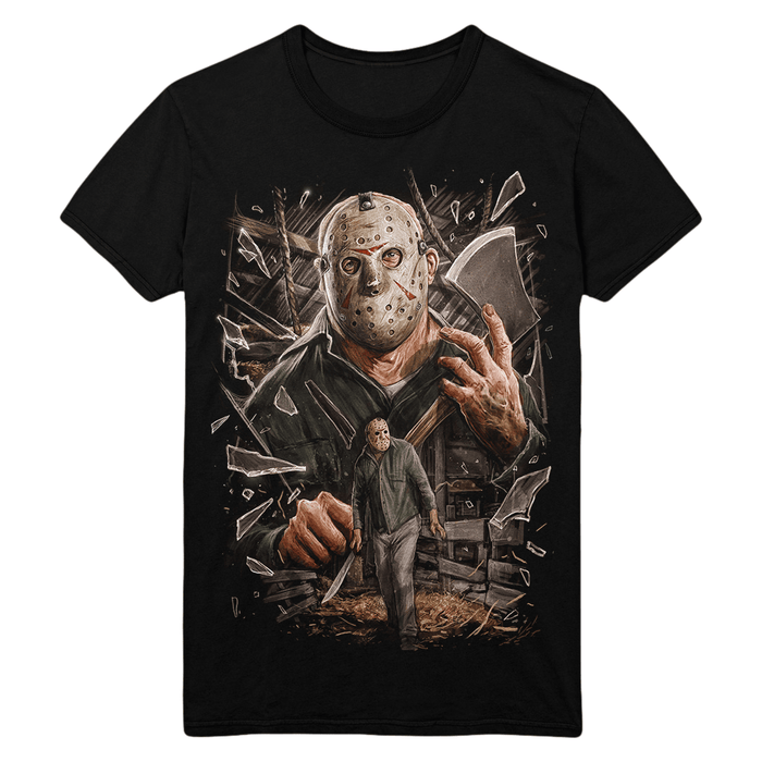 Black t-shirt with a graphic design of Jason Voorhees from Friday the 13th Part 3, on a white background.