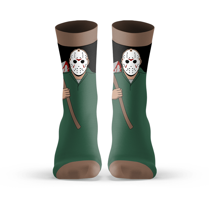 Pair of socks with graphic of Jason Voorhees from Friday the 13th Part 3