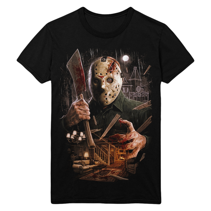 Black t-shirt with a graphic design of Jason Voorhees from Friday the 13th: The Final Chapter holding an cleaver, set against a dark background.