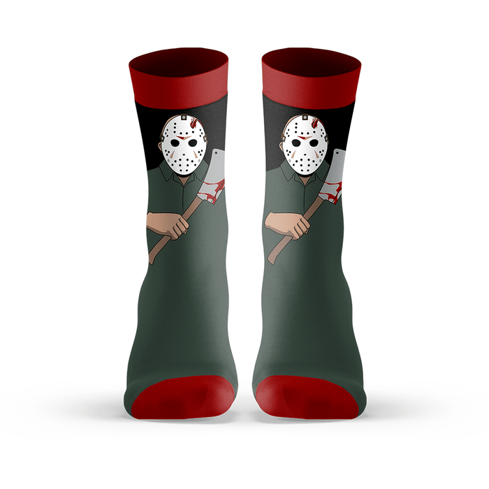 Pair of socks with graphic of Jason Voorhees from Friday the 13th Part 4: The final Chapter