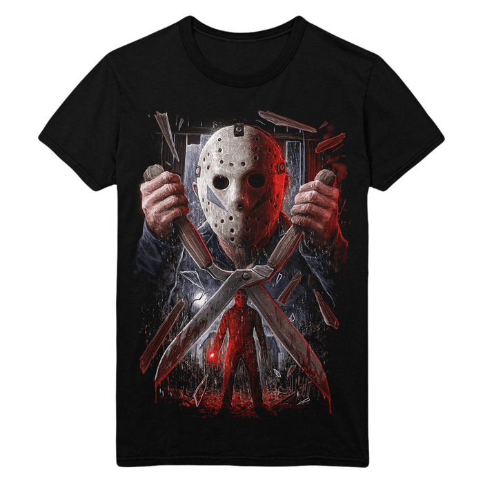 Black t-shirt with a graphic of Jason Voorhees from Friday the 13th on a white background