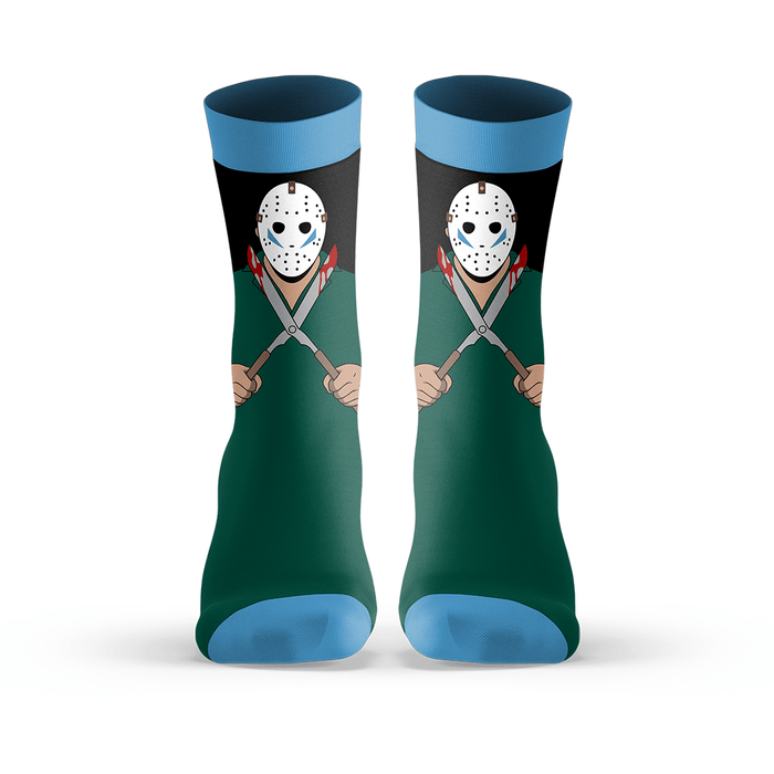 Pair of socks with graphic of Roy from Friday the 13th Part 5: A New Beginning