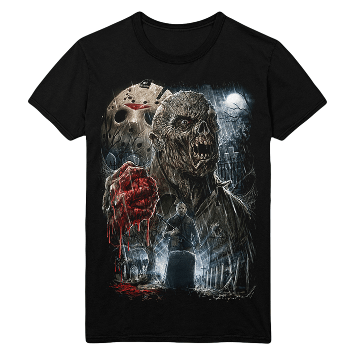 Black t-shirt with horror-themed graphic featuring Jason Voorhees from Friday the 13th.
